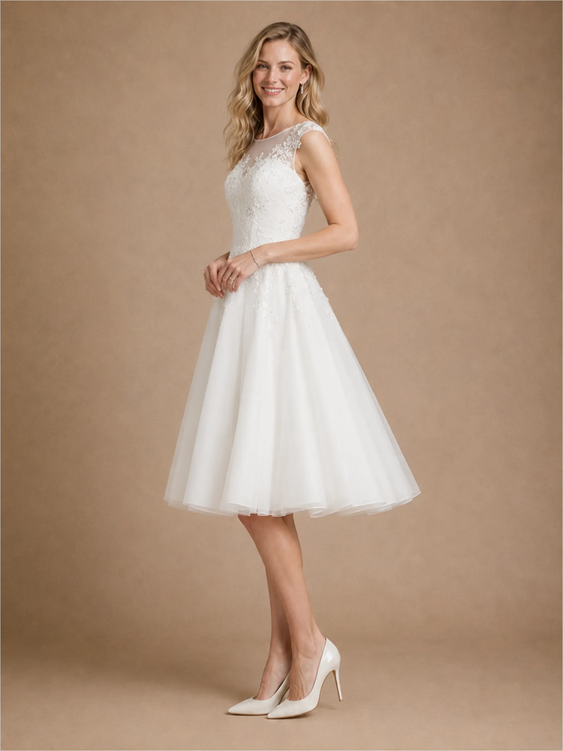 ChicSew Fancy Illusion Sleeveless Lace Tulle A-Line Knee-Length Wedding Dress sold by ChicSew product image thumbnail 3
