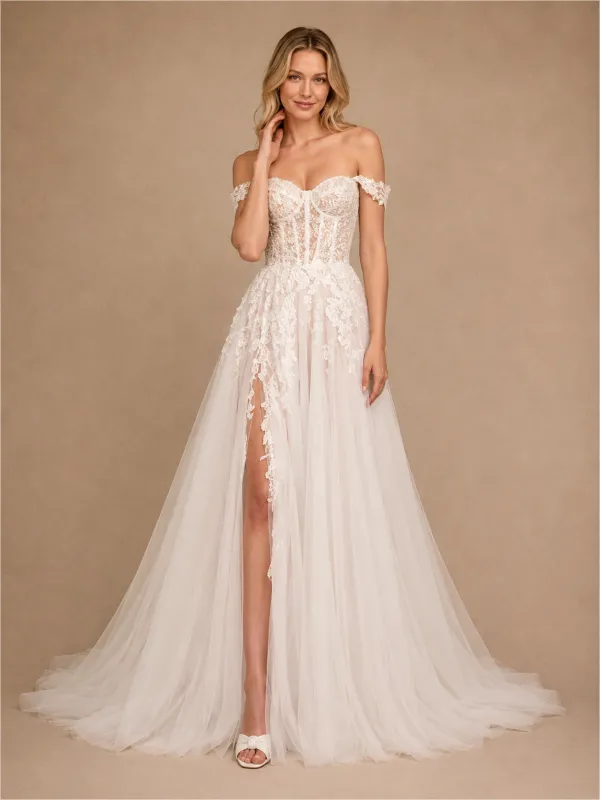 ChicSew Fancy Off The Shoulder Boning Side Slit Lace Tulle Maxi A-Line Wedding Dress made by ChicSew