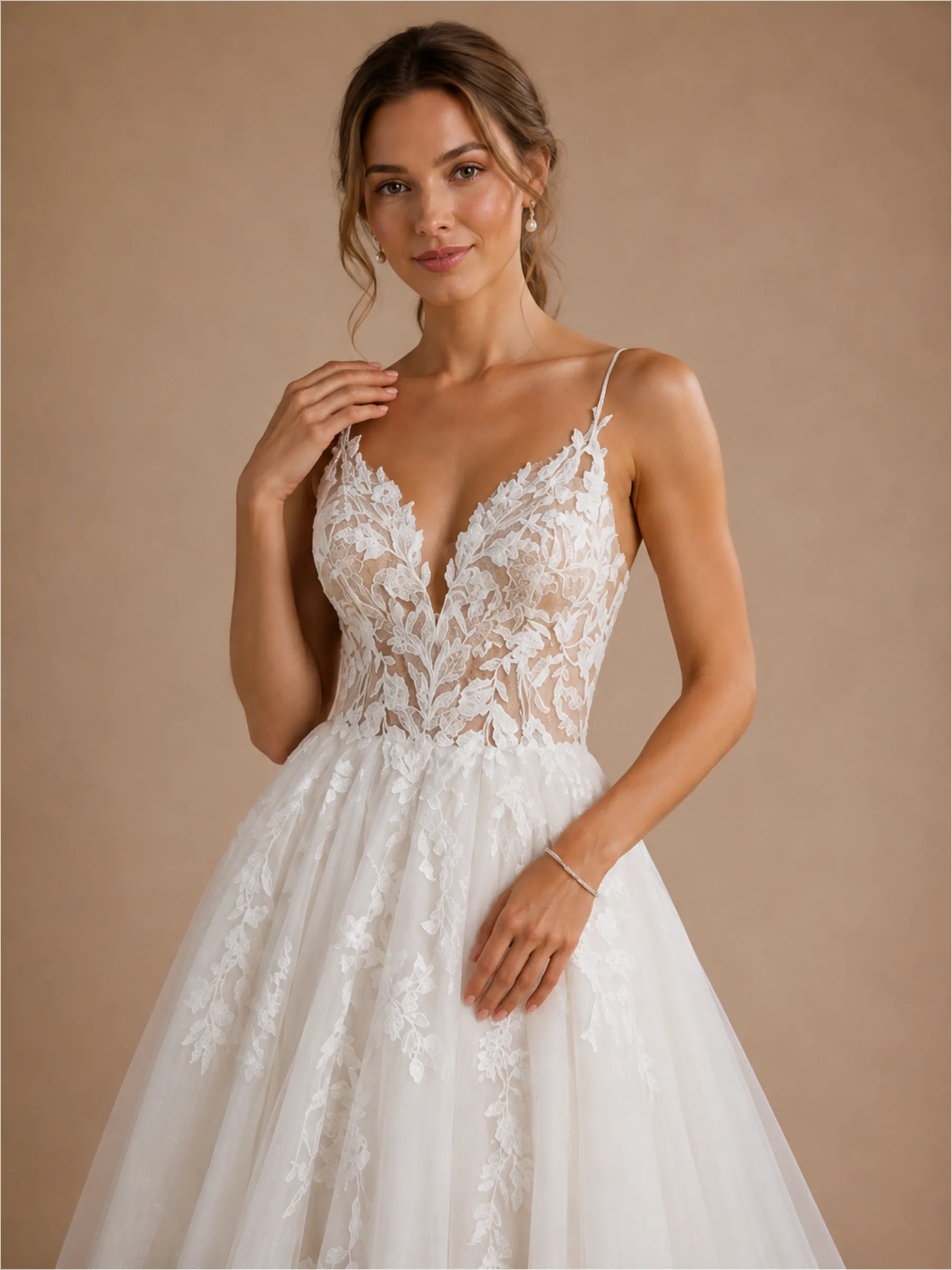 ChicSew Classy Lace Applique Tulle Spaghetti Straps A-Line Maxi Long Wedding Dress With Open Back sold by ChicSew product image thumbnail 2