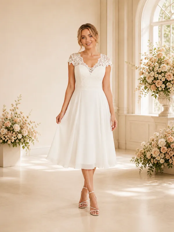 ChicSew Elegant V-Neck Chiffon Cap Sleeves Lace A-Line Tea-Length Wedding Dresses made by ChicSew