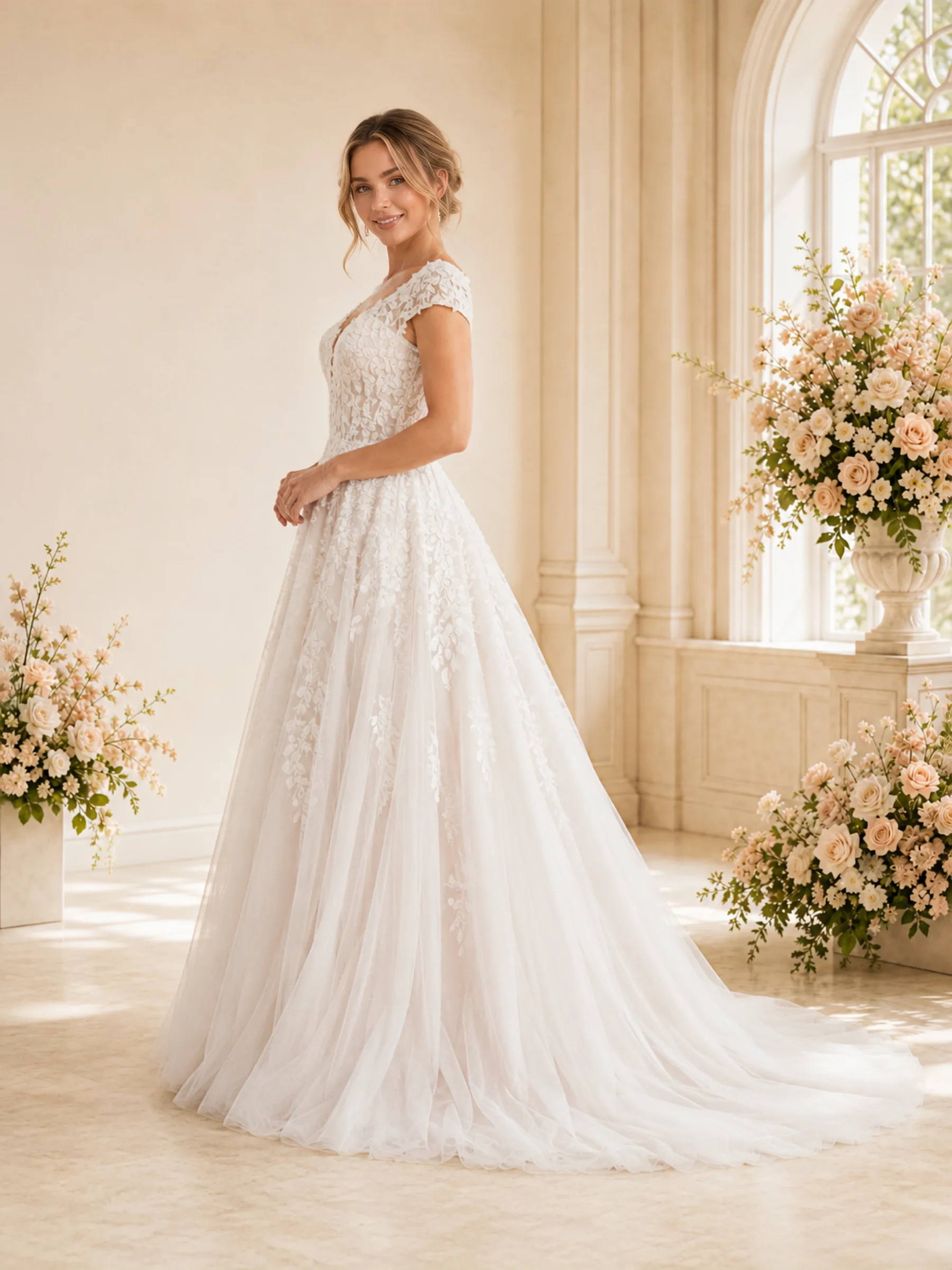 ChicSew Fancy Cap Sleeves V-Neck Lace Tulle Open Back Maxi A-Line Wedding Dress sold by ChicSew product image thumbnail 3