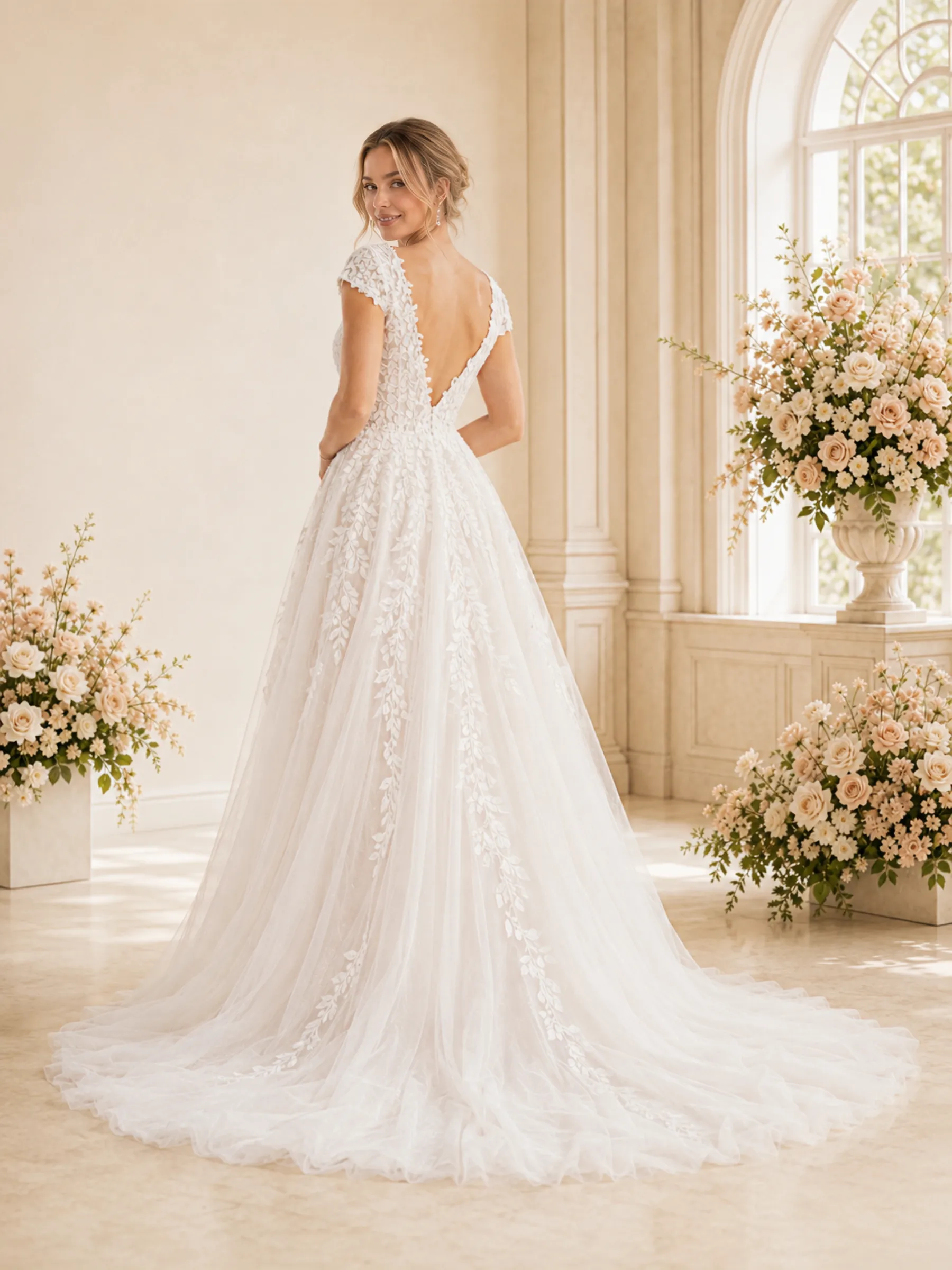 ChicSew Fancy Cap Sleeves V-Neck Lace Tulle Open Back Maxi A-Line Wedding Dress sold by ChicSew product image thumbnail 4