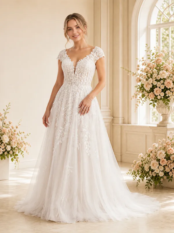 ChicSew Fancy Cap Sleeves V-Neck Lace Tulle Open Back Maxi A-Line Wedding Dress made by ChicSew