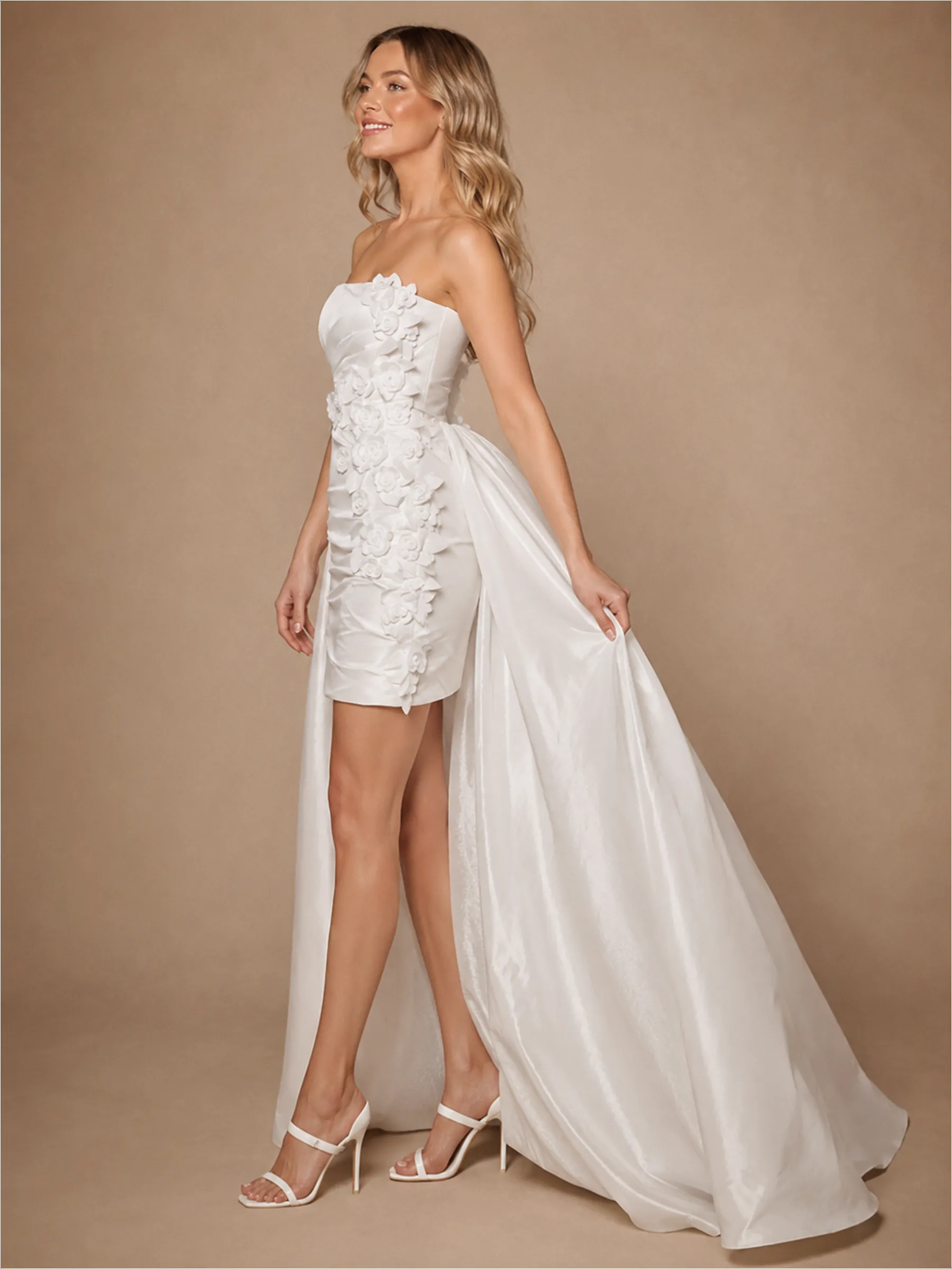 ChicSew Modern Unique Satin Strapless Sheath Ruched Floral Applique Mini-Length Wedding Dresses With Overskirt sold by ChicSew product image thumbnail 3
