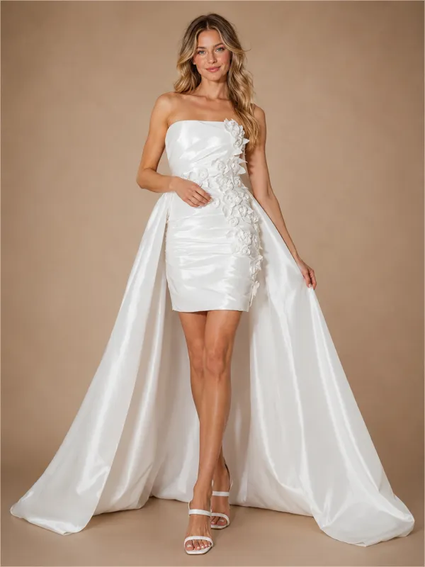 ChicSew Modern Unique Satin Strapless Sheath Ruched Floral Applique Mini-Length Wedding Dresses With Overskirt made by ChicSew