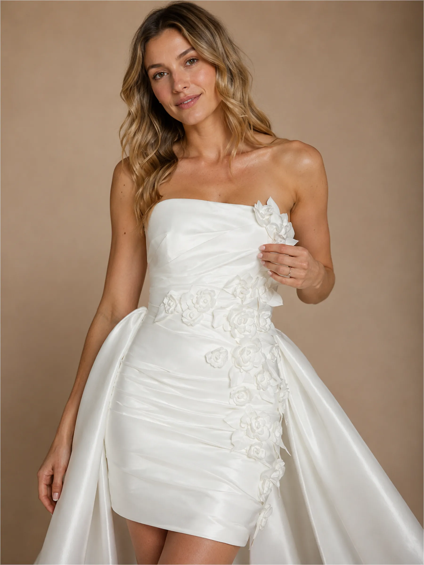 ChicSew Modern Unique Satin Strapless Sheath Ruched Floral Applique Mini-Length Wedding Dresses With Overskirt sold by ChicSew product image thumbnail 2