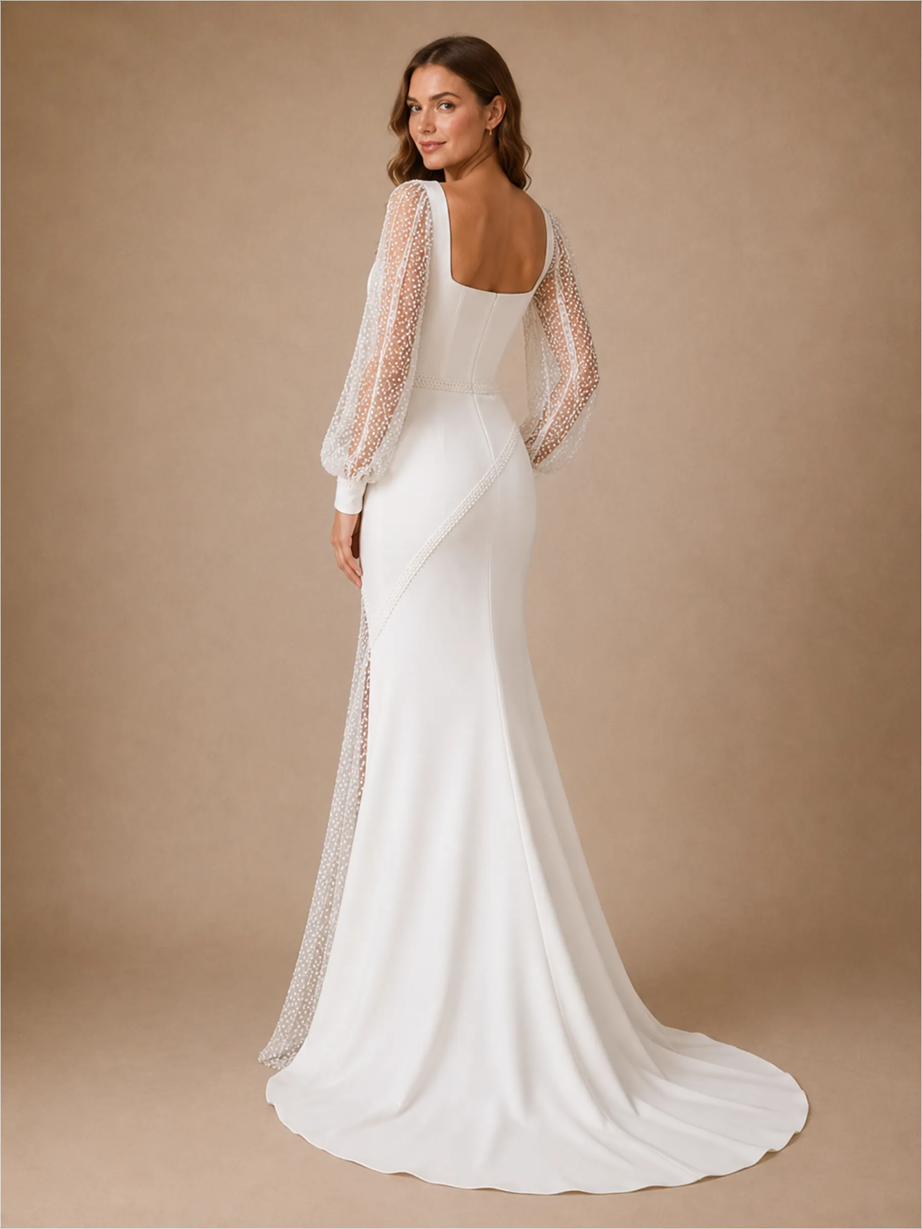 ChicSew Unique Mermaid Square Neck Crepe Beaded Tulle Long Sleeves Floor-Length Wedding Dress sold by ChicSew product image thumbnail 4