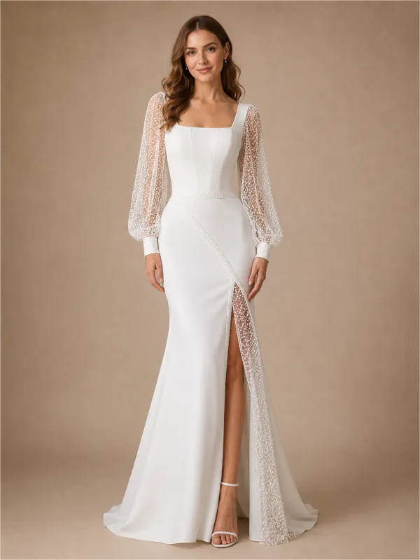 ChicSew Unique Mermaid Square Neck Crepe Beaded Tulle Long Sleeves Floor-Length Wedding Dress made by ChicSew