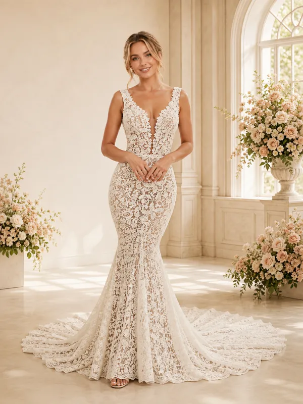 ChicSew Sexy Mermaid Lace Applique V-Neck Open Back Maxi Wedding Dress made by ChicSew