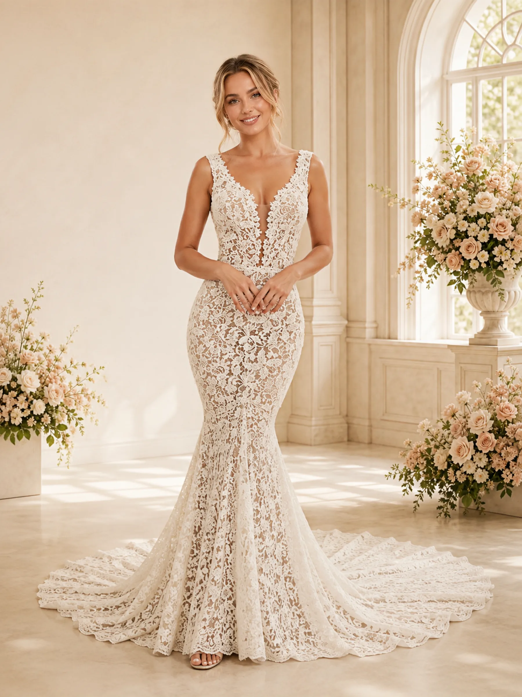 ChicSew Sexy Mermaid Lace Applique V-Neck Open Back Maxi Wedding Dress sold by ChicSew