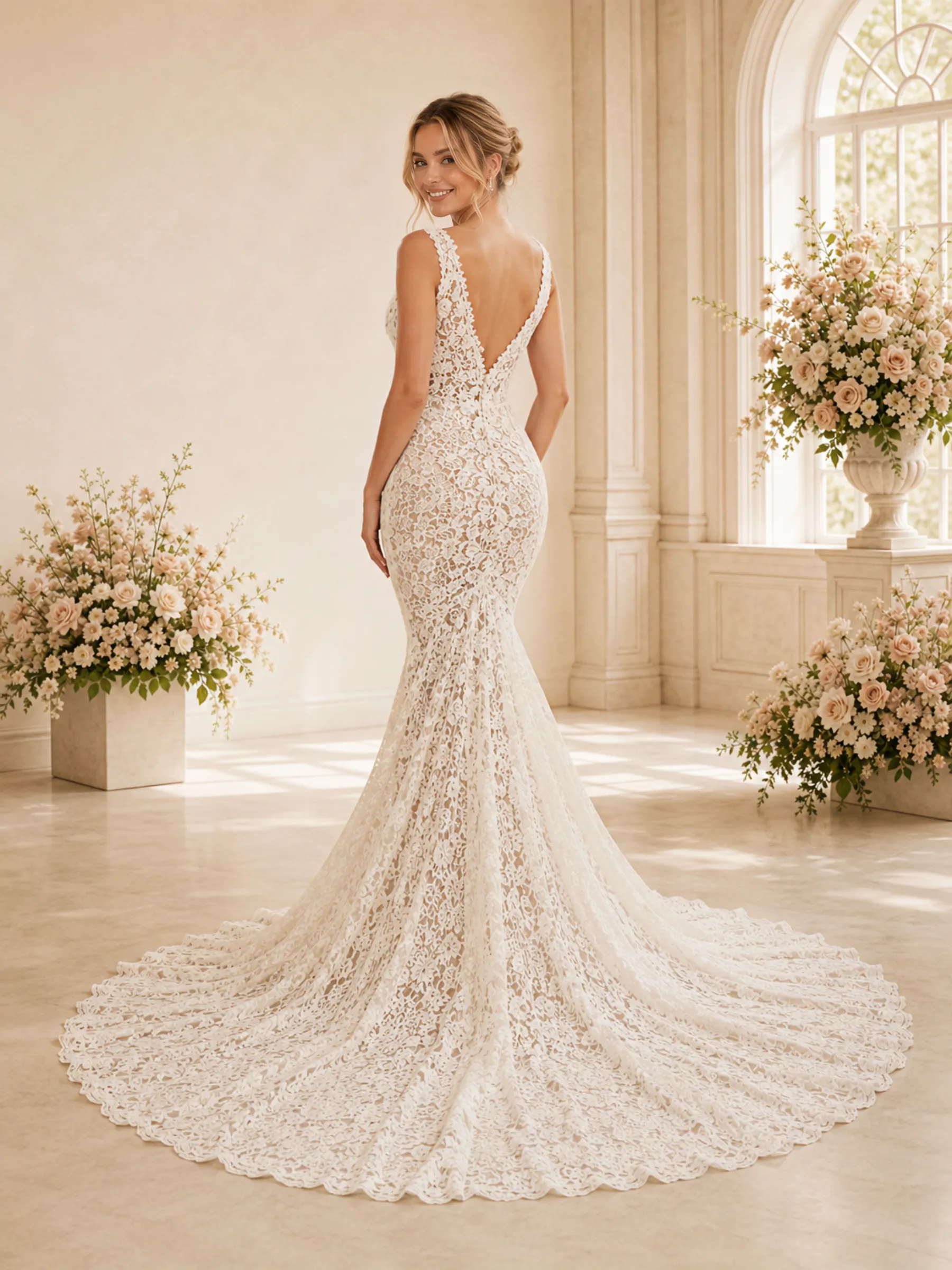 ChicSew Sexy Mermaid Lace Applique V-Neck Open Back Maxi Wedding Dress sold by ChicSew product image thumbnail 3