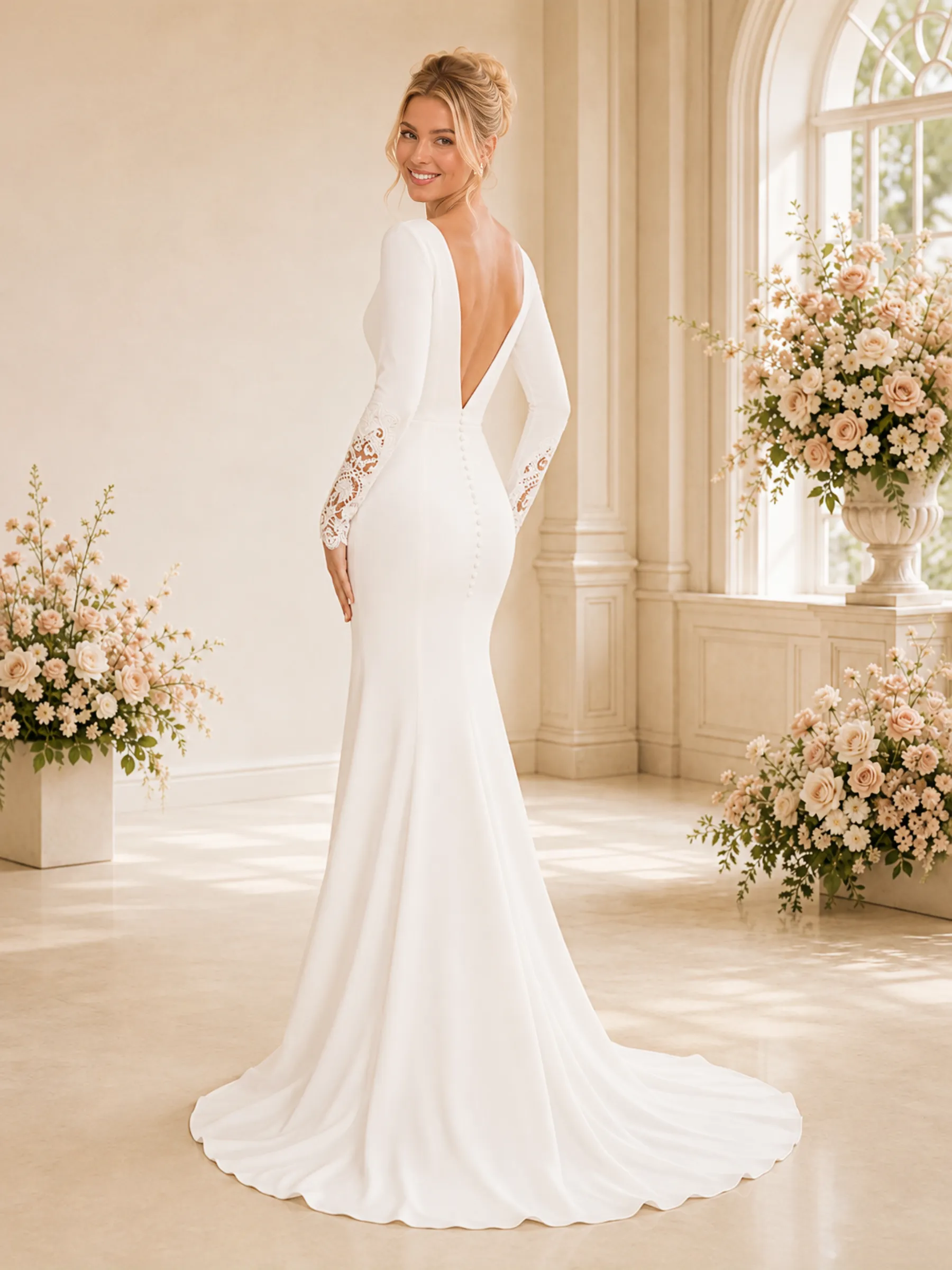 ChicSew Sexy Deep V-Neck Long Sleeves Side Slit Mermaid Crepe Long Wedding Dress sold by ChicSew product image thumbnail 4