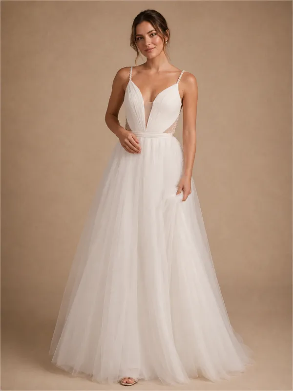 ChicSew Classy Spaghetti Straps Sleeveless Tulle A-Line Maxi Long Wedding Dress made by ChicSew
