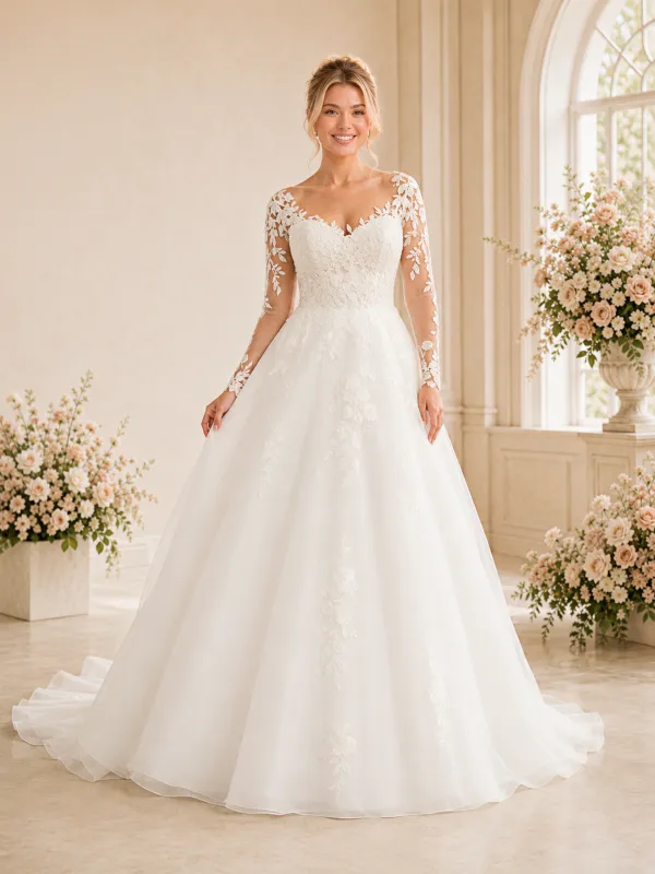 ChicSew Classy V-Neck Long Sleeves Lace Tulle A-Line Maxi Long Wedding Dress made by ChicSew