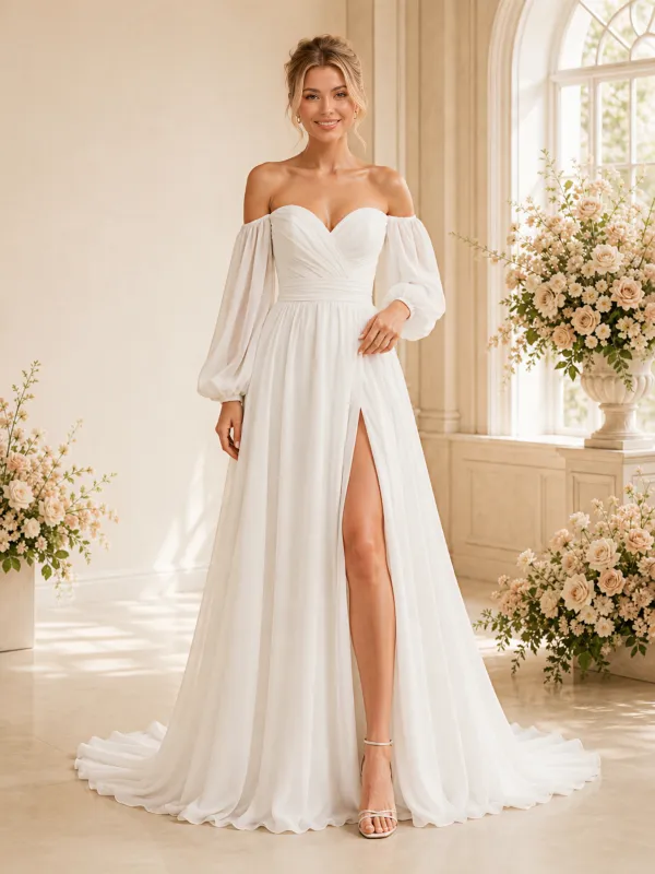 ChicSew Classy Sweetheart 3/4 Sleeves Chiffon A-Line Maxi Long Wedding Dress With Side Slit made by ChicSew