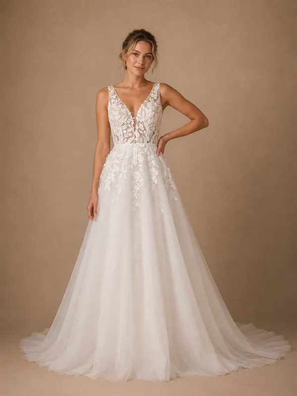 ChicSew Beautiful Lace Tulle V-Neck A-Line Maxi Long Wedding Dress With Applique made by ChicSew