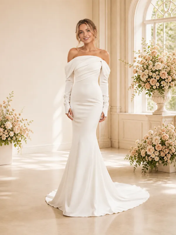ChicSew Elegant Mermaid Crepe Ruched Off The Shoulder Long Sleeves Floor-Length Wedding Dress made by ChicSew