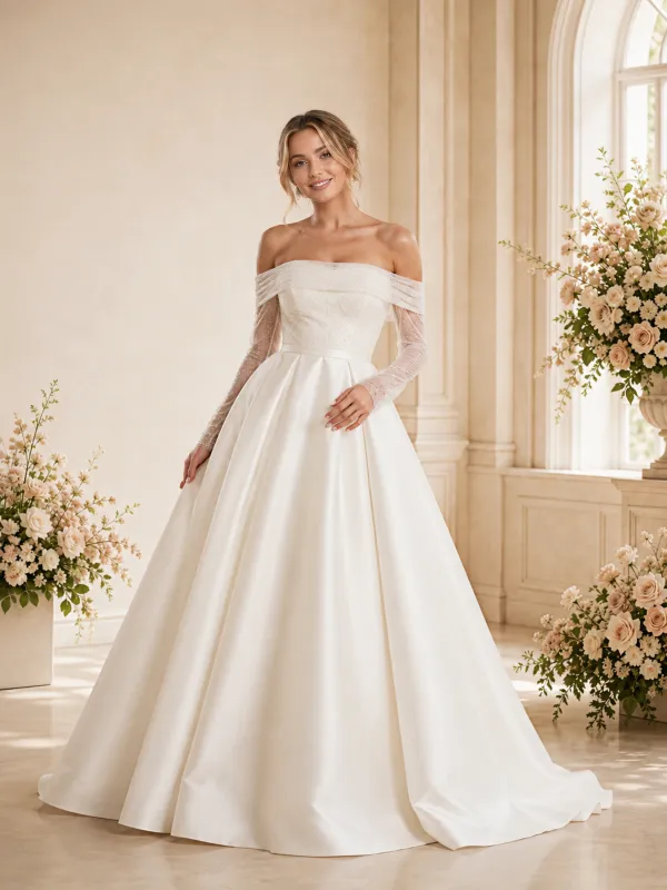 ChicSew Classy Unique Off The Shoulder Long Sleeves Satin A-Line Maxi Wedding Dress With Lace made by ChicSew