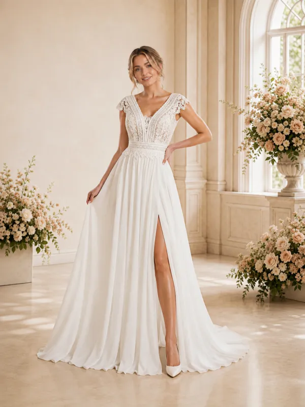 ChicSew Elegant Fancy A-Line V-Neck Lace Chiffon Side Slit Maxi Long Wedding Dress made by ChicSew