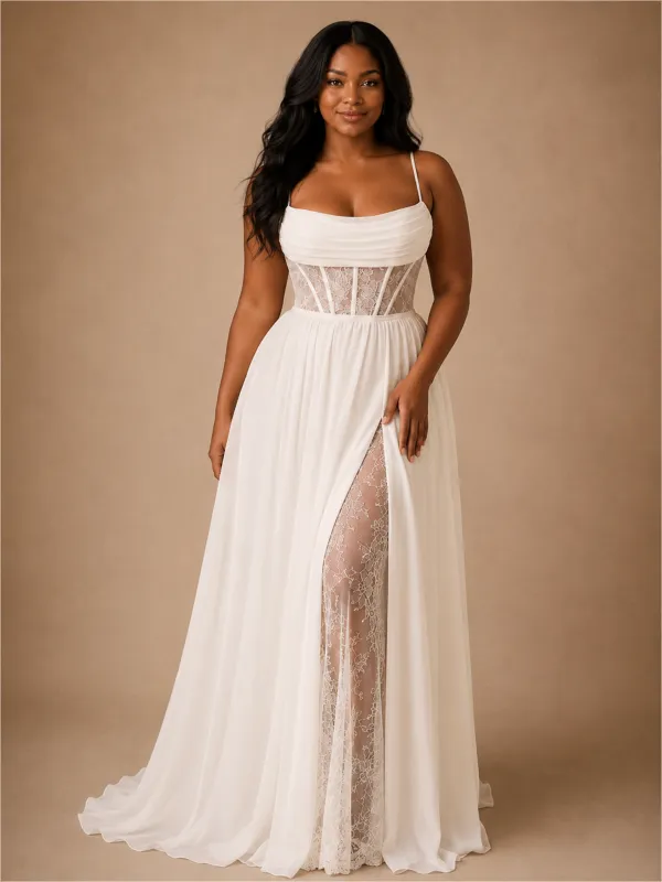 ChicSew Classy Spaghetti Straps Lace Applique Chiffon Side Slit A-Line Long Wedding Dress With Pleats made by ChicSew