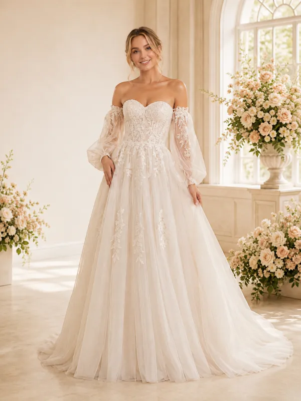 ChicSew Beautiful Sweetheart Lace Applique Tulle A-Line Long Puff Sleeves Maxi Wedding Dress made by ChicSew