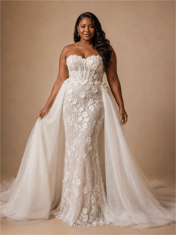 ChicSew Elegant Modern Sweetheart Mermaid Boning Lace Tulle Maxi Wedding Dress With Overskirt made by ChicSew