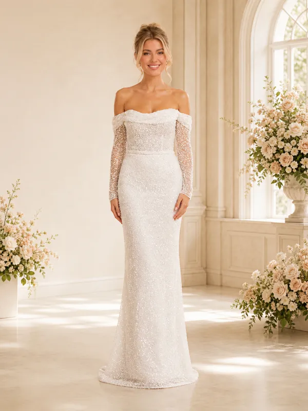 ChicSew Fancy Off Shoulder 3/4 Sleeves Mermaid Long Wedding Dress made by ChicSew