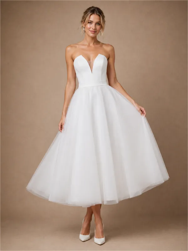 Chicsew Fancy V-Neck Sleeveless A-Line Tea-Length Crepe Tulle Wedding Dress made by ChicSew