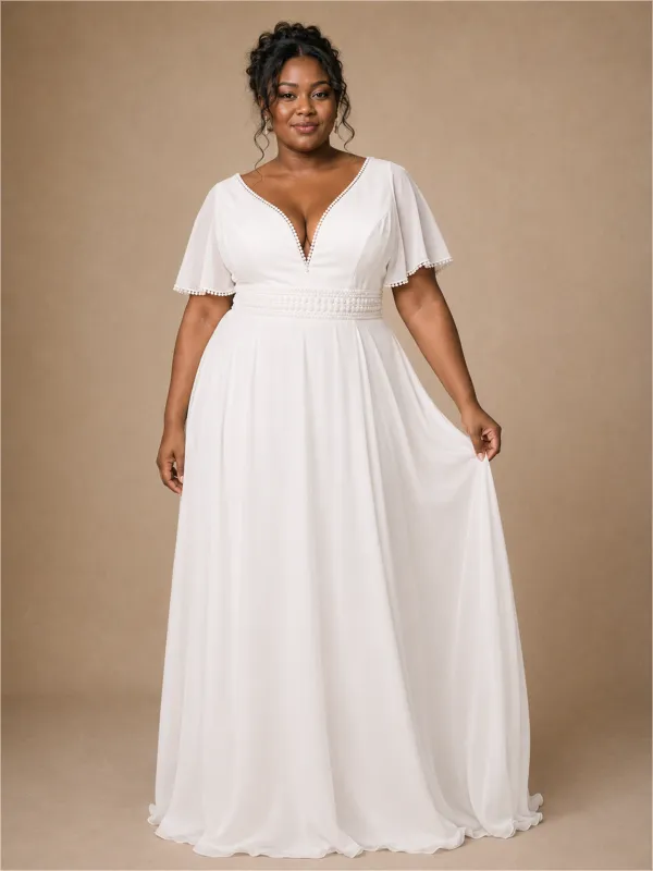 ChicSew Elegant V-Neck Chiffon Flutter Sleeves A-Line Floor-Length Wedding Dress made by ChicSew
