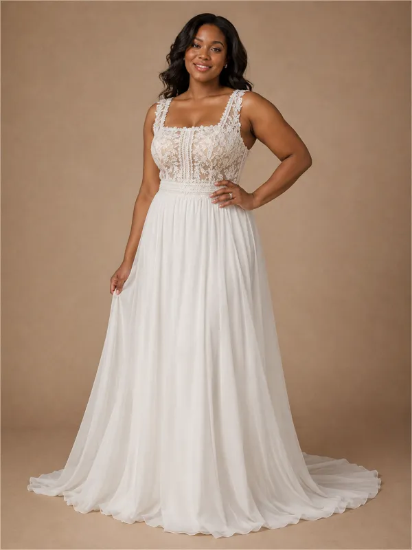 ChicSew Elegant Square Neck Lace Applique Chiffon Sleeveless A-Line Floor-Length Wedding Dress made by ChicSew