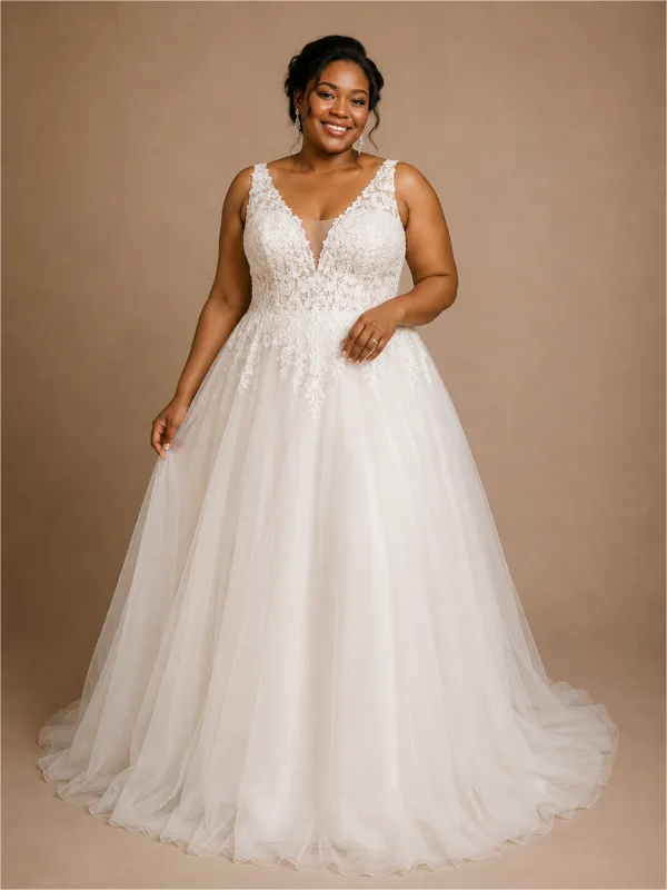 ChicSew Sexy V-Neck A-Line Sleeveless Lace Tulle Maxi Long Wedding Dress made by ChicSew