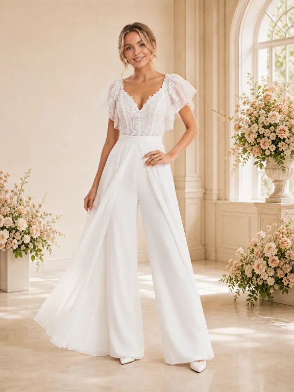 ChicSew Modern Unique V-Neck Flutter Sleeves Chiffon Applique Floor-Length Wedding Jumpsuit With Overskirt made by ChicSew