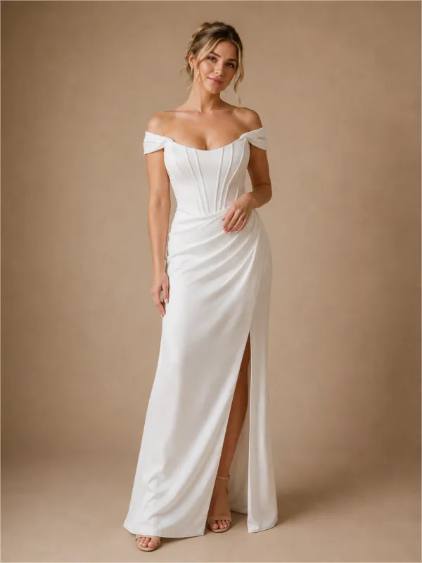 ChicSew Modern Off Shoulder Boning Satin Ruching Long Mermaid Wedding Dress made by ChicSew