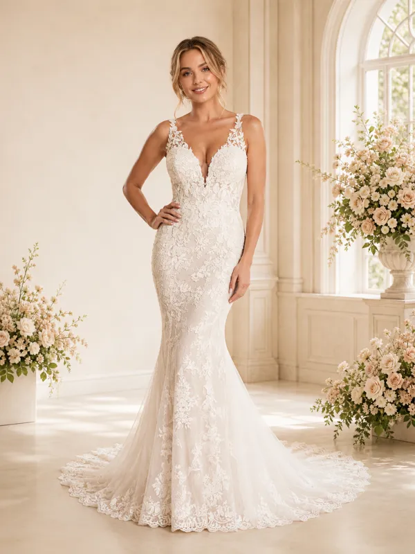 ChicSew Romantic Spaghetti Straps V-Neck Tulle Lace Appliques Maxi Wedding Dress made by ChicSew