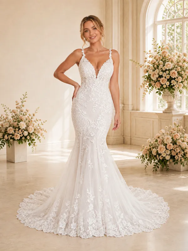 ChicSew Romantic Spaghetti Straps V-Neck Tulle Lace Appliques Floor-Length Wedding Dress made by ChicSew