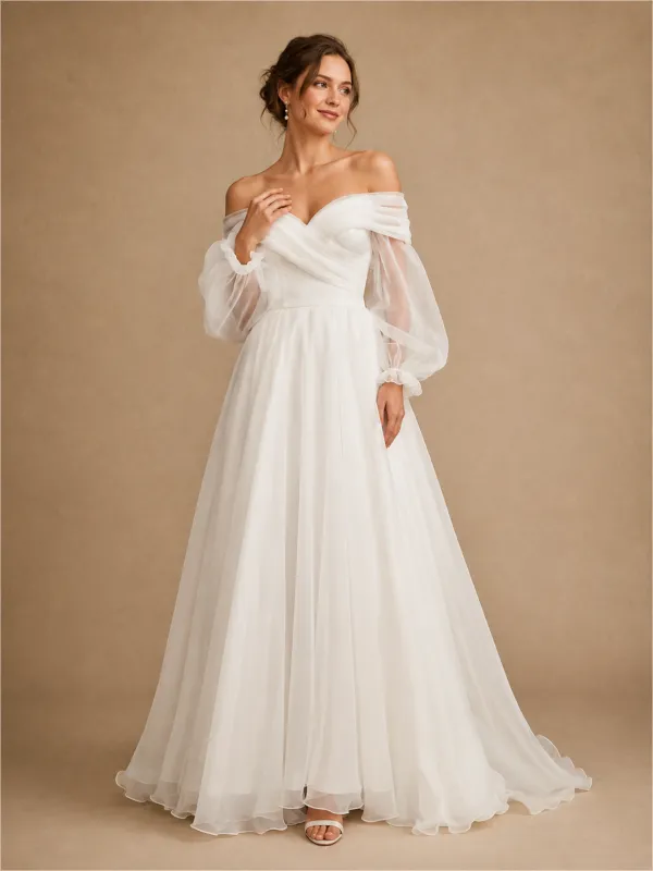 ChicSew Elegant Off Shoulder Long Sleeves Tulle A-Line Maxi Wedding Dress made by ChicSew