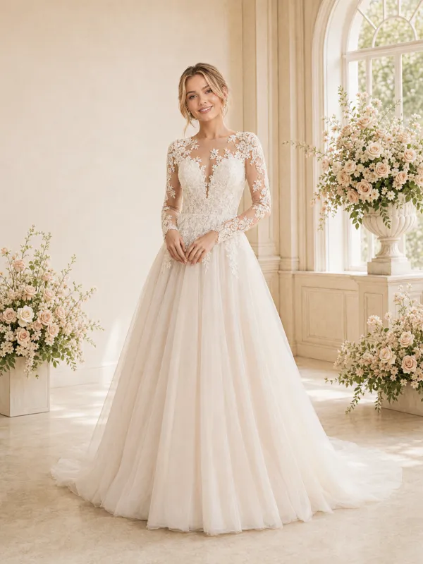 ChicSew Fancy Illusion Long Sleeves Lace Tulle Long A-Line Wedding Dress made by ChicSew