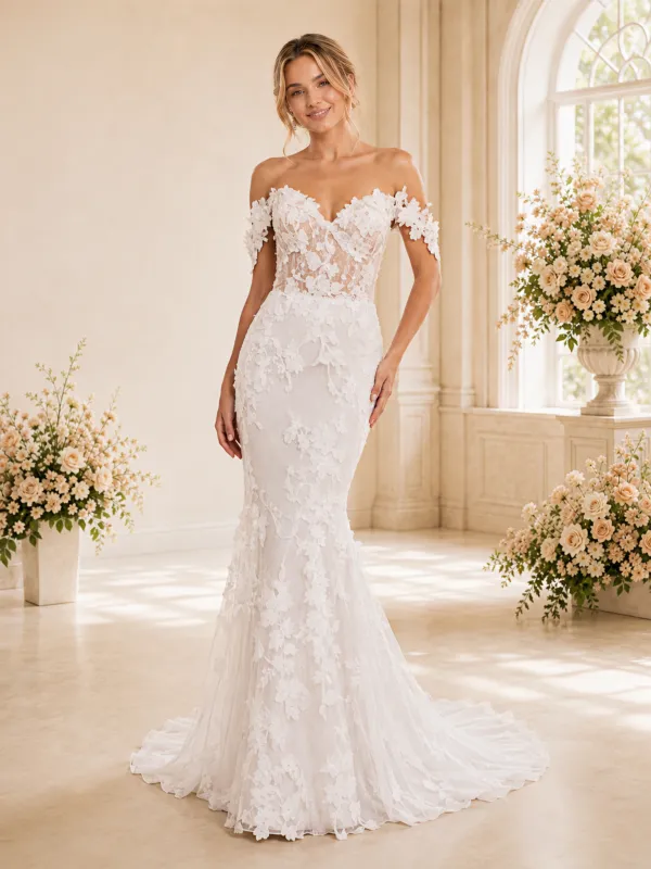 Chicsew Fancy Off The Shoulder Mermaid Sleeveless Tulle Wedding Dress With Lace Appliques made by ChicSew