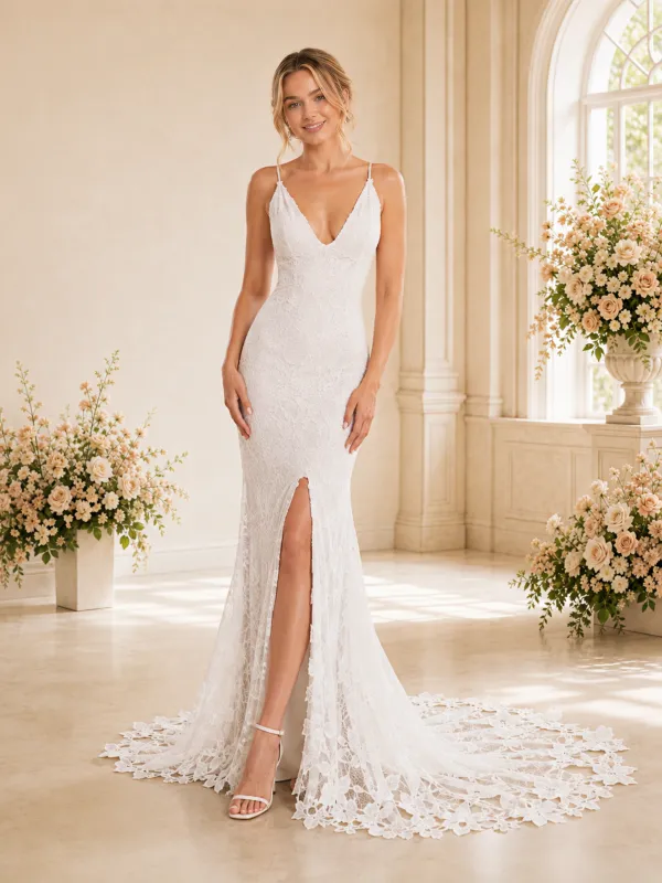ChicSew Elegant Spaghetti Straps V-Neck Lace Floor-Length Wedding Dress With Side Slit made by ChicSew
