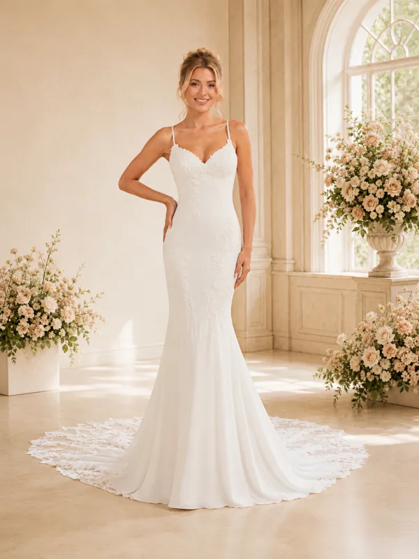 ChicSew Elegant Spaghetti Straps V-Neck Crepe Floor-Length Wedding Dress With Lace Appliques made by ChicSew
