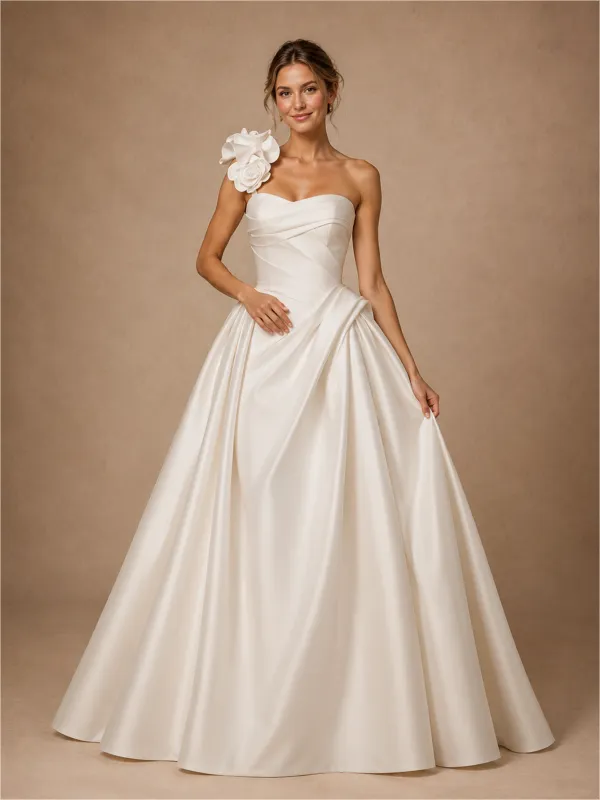 ChicSew Fancy One Shoulder 3D Flowers Ruching Satin A-Line Maxi Wedding Dress made by ChicSew