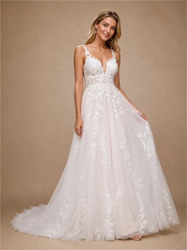ChicSew Classy Spaghetti Straps V-Neck Lace Tulle A-Line Long Wedding Dress made by ChicSew