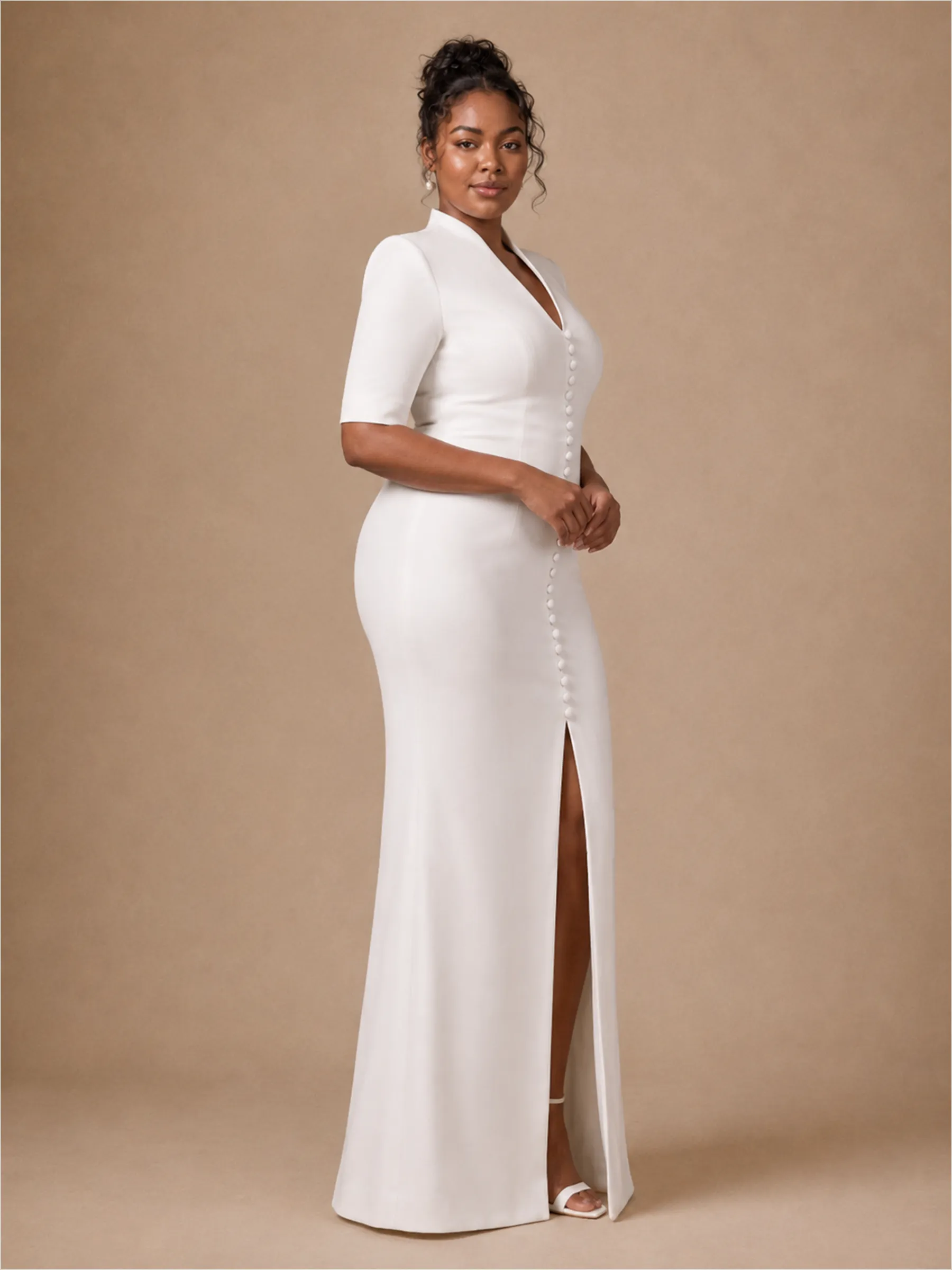 ChicSew Unique Crepe Mermaid V-Neck Half Sleeves Floor-Length Wedding Dress With Slit sold by ChicSew product image thumbnail 4