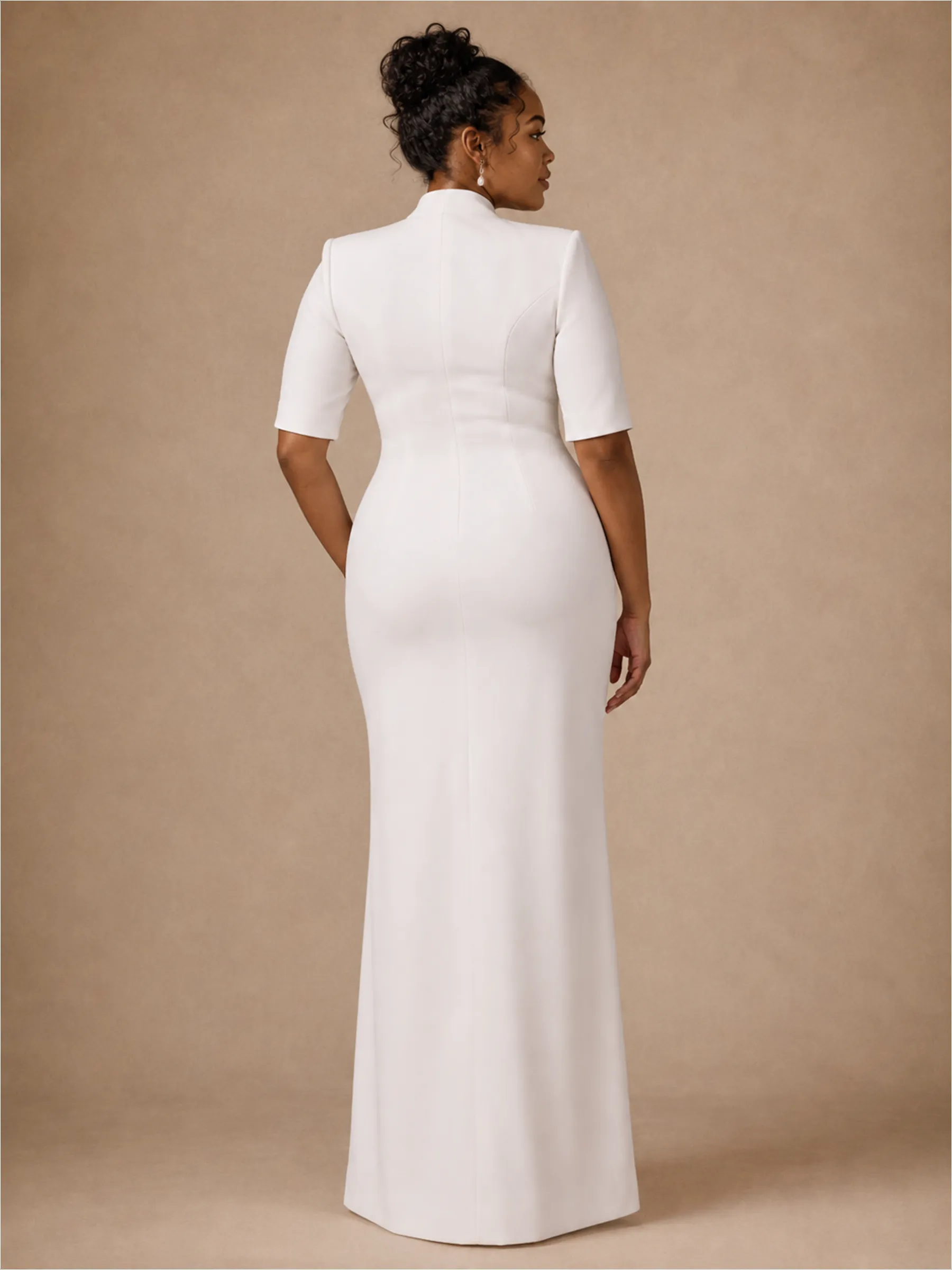 ChicSew Unique Crepe Mermaid V-Neck Half Sleeves Floor-Length Wedding Dress With Slit sold by ChicSew product image thumbnail 3