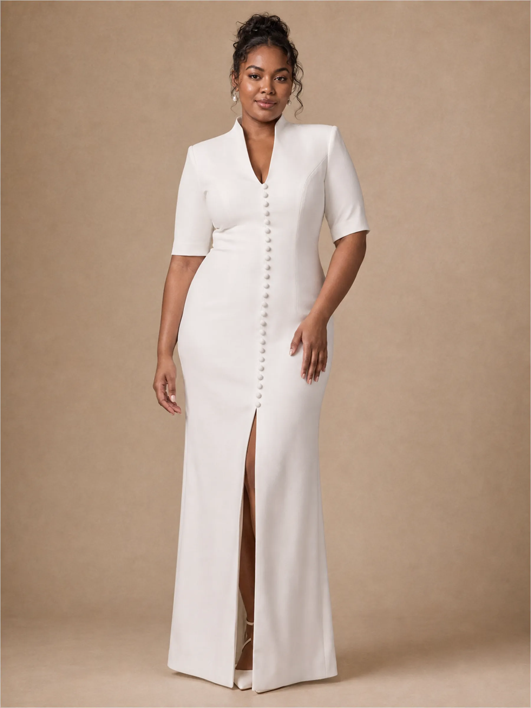 ChicSew Unique Crepe Mermaid V-Neck Half Sleeves Floor-Length Wedding Dress With Slit sold by ChicSew