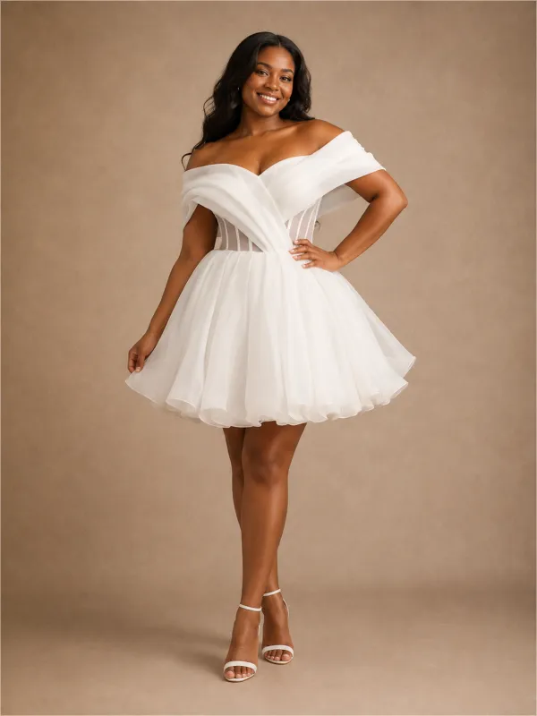ChicSew Pretty Off The Shoulder A-Line Sleeveless Lace Tulle Mini Wedding Dress made by ChicSew