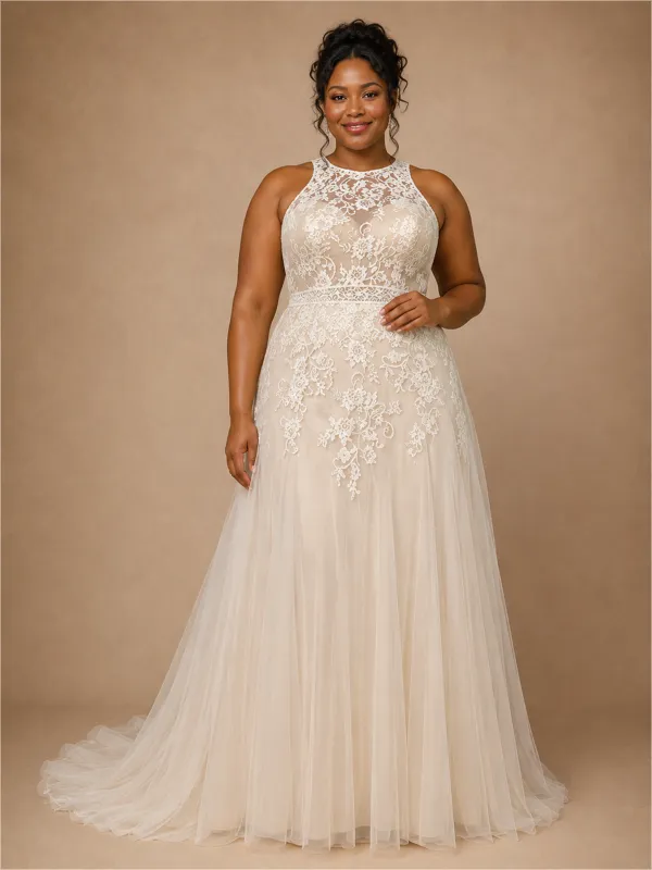 ChicSew Elegant High Neck A-Line Sleeveless Lace Tulle Maxi Wedding Dress made by ChicSew