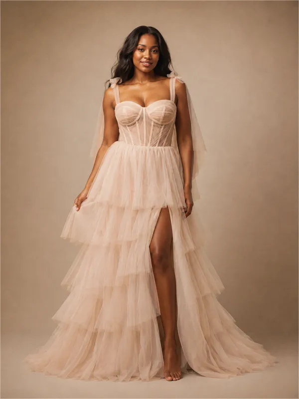 ChicSew Beautiful Spaghetti Straps Side Slit Tiered A-Line Lace Tulle Maxi Long Wedding Dress made by ChicSew