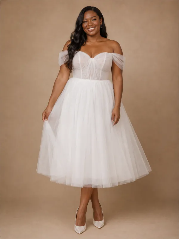 ChicSew Elegant Classy Off The Shoulder Lace Tulle A-Line Tea-Length Wedding Dress made by ChicSew