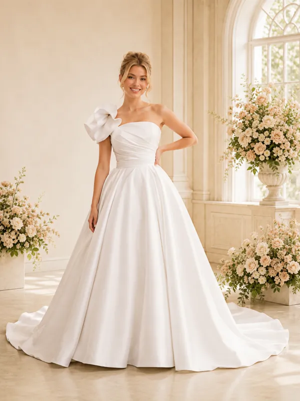 ChicSew Fancy One Shoulder Ruching Satin A-Line Maxi Long Wedding Dress made by ChicSew